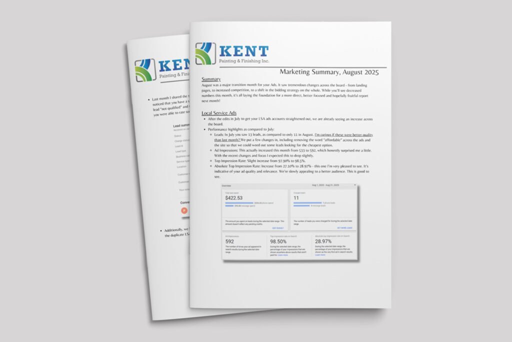 Digital ads monthly report for Kent Painting a small business in the bay area.