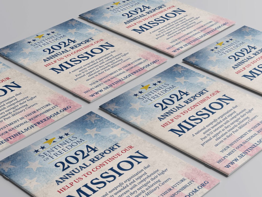 Sentinels of Freedom annual report graphic design example.