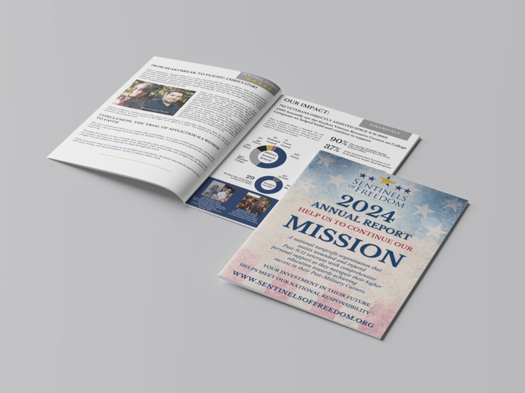 Sentinels of Freedom annual report print publication design for non profits.